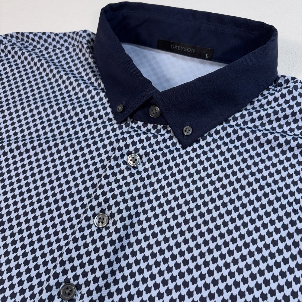 Greyson Micro Wolf Print Polo Men's L Navy Stretch Golf Performance Button Down